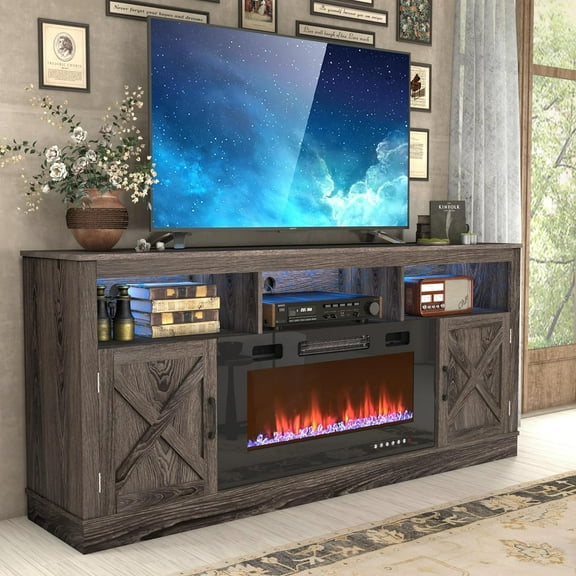 ChVans 70" Fireplace TV Stand for TVs up to 80" with 36" Electric Fireplace, Farmhouse Entertainment Center with LED, Wooden Media Console for Living Room, Bedroom