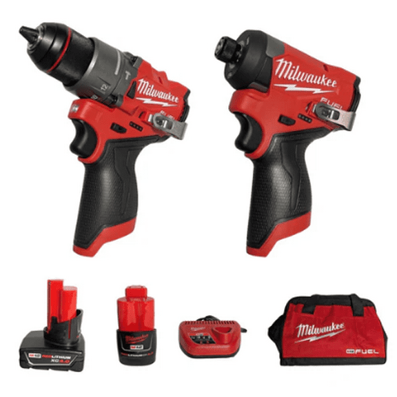 Milwaukee M12 FUEL 12V Lithium-Ion Brushless Cordless 2-Tool Combo Kit 1/2" Hammer Drill & 1/4" Impact Driver with 2 Batteries, Charger & Bag (Model 3497-22)