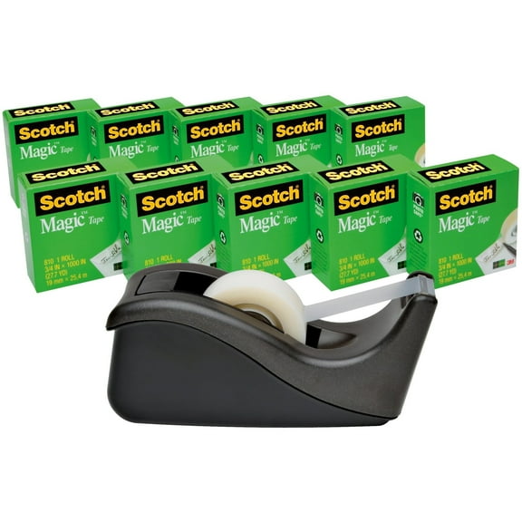 Scotch Magic Invisible Tape 810 With C-60 Dispenser, 3/4" x 1,000", Pack Of 10 Tape Rolls