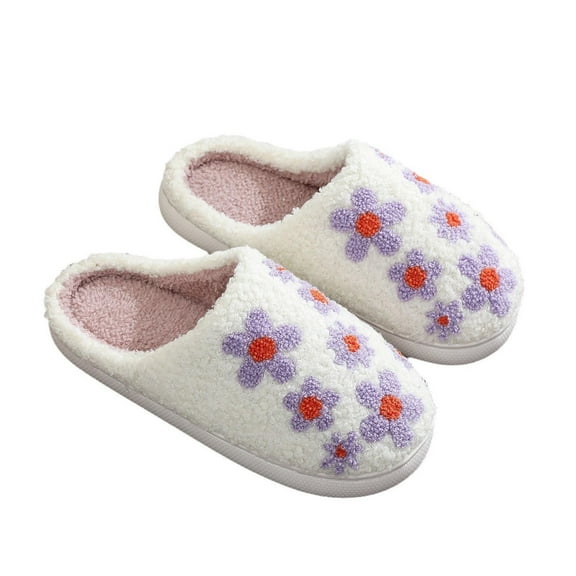 Xfvqtps Womens Furry Slippers Large Size Soft Fleece Cute Purple Flowers Memory Foam Soft Sole Comfortable Non-Slip Warm Winter Home Slippers Purple